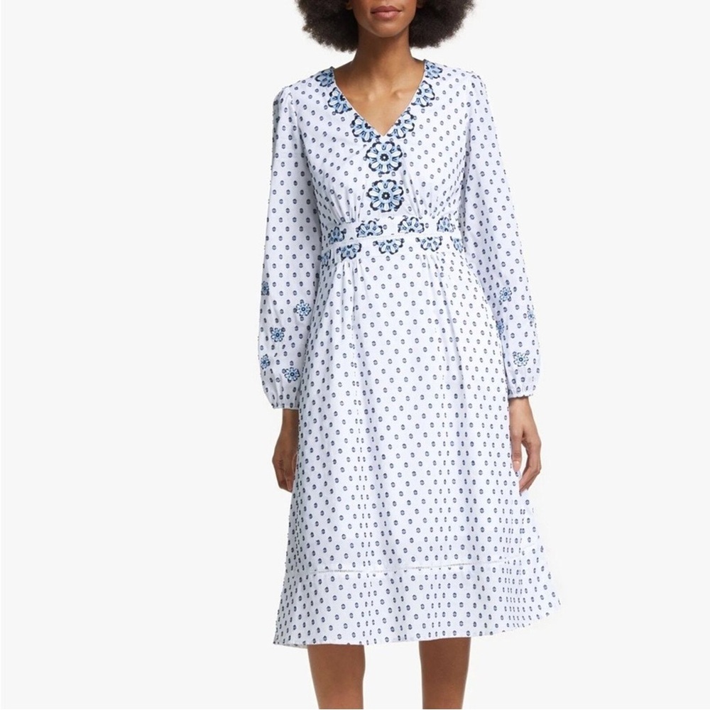 Boden Flossie Embroidered Midi Dress in White with French Navy Spot, size 6R